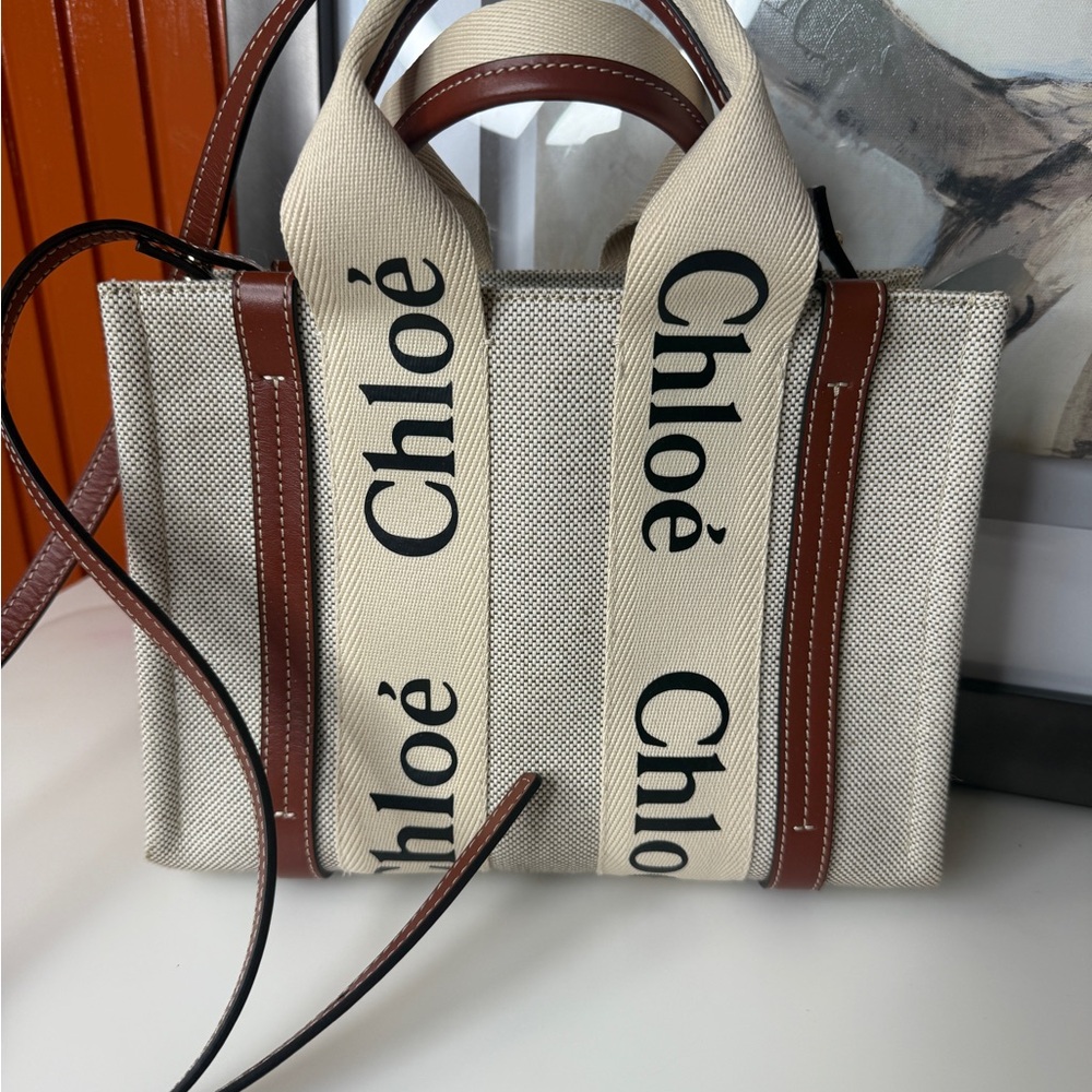 Chloe Cream and Brown Canvas Small Tote - Picture 1 of 16